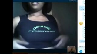Sexy black girl shows tits and big ass for white dick on Skype
